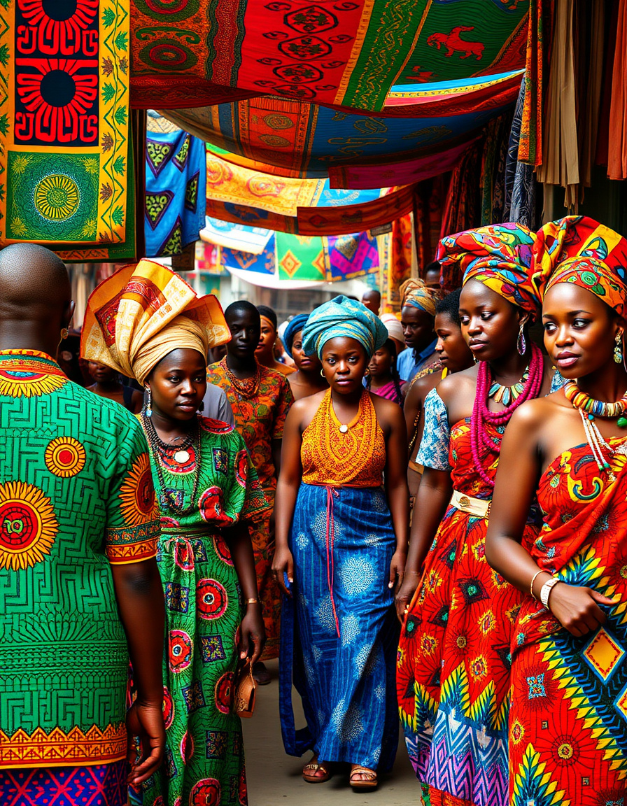 the scene is a vibrant and lively african market, where colorful textiles and prints take center stage. the first block in priority, african textile prints, dominates the atmosphere with an array of exciting designs and patterns. intricate adinkra symbols blend with bright kente cloth panels, juxtaposed against batik-inspired prints adorned with beautiful maasai geometric patterns. colorful vlisco prints and beautifully woven tie-dye fabrics add to the mesmerizing tapestry of african textile prints, set amidst a lively background of traditional african garments and accessories.
next in order of importance, the scene is set in a bustling market square, teeming with locals dressed in their finest traditional attire. their intricate headdresses and ornate jewelry complement the bold, rich colors of the african textile prints on display.
please provide the next block.