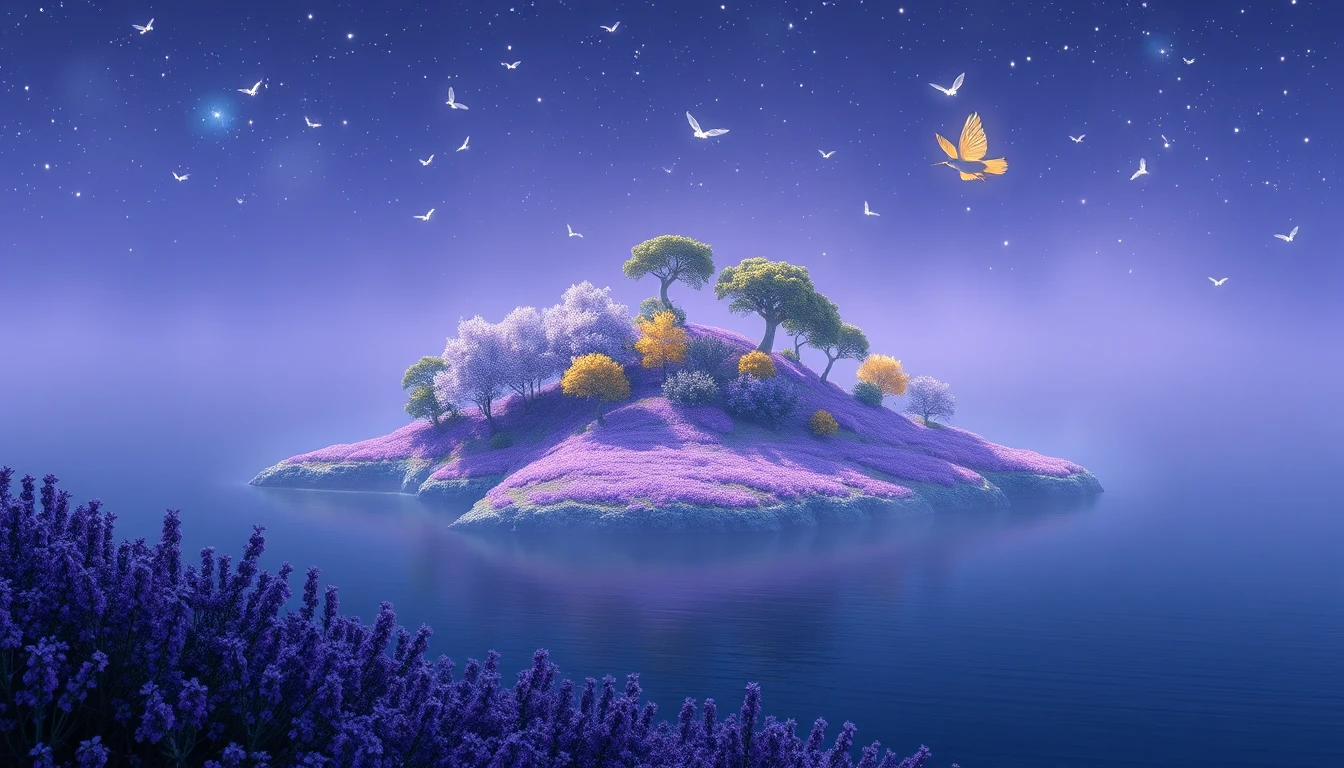una donna realistica  si fonde con un paesaggio onirico,  una maestosa isola galleggiante di fiaba si erge alle sue spalle, avvolta da una soffice nebbia color lavanda. Alberi di cristallo sull'isola irradiano un bagliore ultraterreno, i loro delicati rami ondeggiano e cascate che scorrono verso l'alto come piume vellutate. Farfalle bioluminescenti svolazzano, le loro ali color zaffiro-ametista diffondono una luce pastello sulla scena. Rami scuri e spogli come radici contorte, intrecciandosi con i ponti traforati e le formazioni cristalline dell'isola. Sfondo minimalista, alto livello di dettaglio, illuminazione cinematografica, atmosfera poetica ed emozionante, scena dettagli, alta risoluzione 8k, arte digitale con uno stile fantastico pittorico ispirato allo Studio Ghibli, varie configurazioni