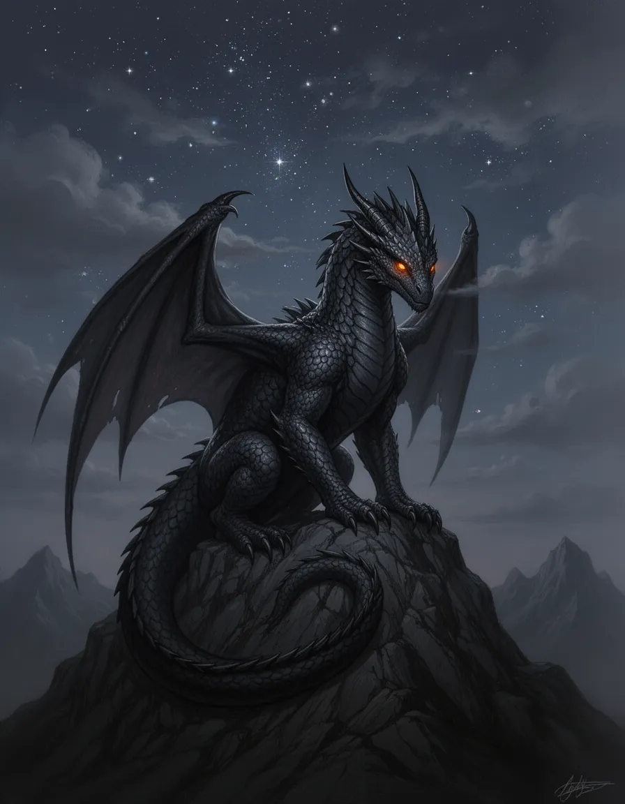 A massive black dragon with obsidian scales and ember-orange eyes sits completely alone on a dark mountain peak at night, no other dragons visible anywhere, no cadets, no riders, no life around him at all. Just him and the empty sky. Stars partially obscured by slow moving clouds. The stillness around him feels intentional — chosen solitude rather than loneliness. He looks down. He has been alone for a very long time and is perfectly content with it. No humans, no other dragons, nothing else in the frame. Cinematic dark fantasy, quiet isolated composition, hyper-detailed digital painting, same painterly style as previous images.