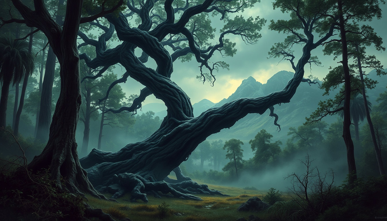 in a mist-shrouded, primeval clearing, a sprawling, twisted black tree rises ominously from the earth, its gnarled branches like grasping fingers reaching towards the darkening sky. the atmosphere is heavy with foreboding, as if the very air is alive with malevolent intent. amidst the dense, emerald foliage of the forest, tall trees with sinuous trunks and leafy canopies form a backdrop of vibrant greenery, their rugged textures and organic shapes evoking a sense of age and history. the tree's trunk, a twisted column of inky blackness, seems to absorb the surrounding light, exuding an aura of darkness that threatens to consume the entire clearing. nearby, the underbrush is dense with thorny vines and tangled ferns, their delicate fronds and thorns reaching up towards the dying light like skeletal fingers. inspired by the masterful brushstrokes and vivid colors of a classic 80s graphic novel, with a digital oil painting style reminiscent of fine art, the image takes on a heightened sense of realism and depth. the paint-textured background of the forest, with its subtle blending of colors and nuanced play of light, seems to glow with an ethereal softness, while the twisted tree's rugged, dark shape stands in stark contrast, its surface etched with the subtle, tactile strokes of a master painter. in the distance, a range of distant mountains looms, their rugged peaks and craggy facades shrouded in mist, adding a sense of depth and scale to the composition. the atmosphere is heavy with an air of mystery and foreboding, as if the very forest itself is alive and watching, awaiting some unknown event to unleash its full fury upon the world.