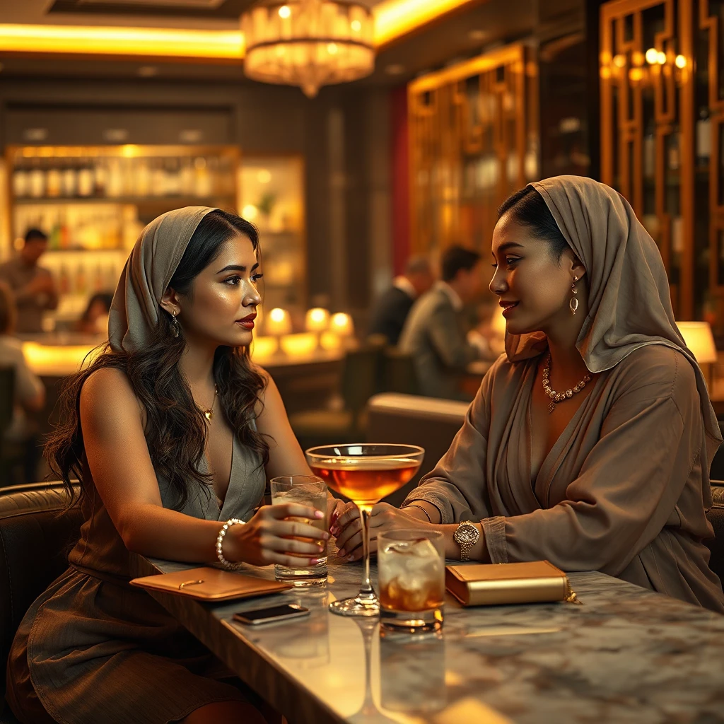 a luxurious, intimate scene is unfolding like a tender moment in time, where three adult women in social gathering, diverse ethnicities, casual elegance, and subtle makeup, are seated at a marble-topped table in an upscale bar or lounge interior, with an evening, twilight atmosphere. soft golden-hour light pours in from above, with warm ambient overhead lighting, candle glow, and soft fill from the background, creating a sense of history and connection. the women's long wavy hair, head scarves with draped fabric, pearl earrings, and gold necklaces all blend seamlessly into the rich colors and textured oil painting-like quality of the scene. each woman's hands rest on the surface of the table, engaged in conversation, with slight head turns toward each other, as if lost in the quiet intensity of their discussion. in the background, the blurred bar counter, shelves with bottles, and indistinct patrons are all soft-focused, while gold partitions and reflective surfaces add depth and dimensionality to the scene. the marble countertop, cocktail glass with ice, amber candle in a glass holder, and the gold clutch purse on the table all provide tactile details, drawing the viewer's eye closer to the subject. life-sized figures and natural human proportions are preserved in this intimate framing, where the subjects are seated at waist-up framing, tight on the subject, with a rule of thirds placement, triangular arrangement of figures, and central figure slightly offset for dynamic tension. hyper-detailed facial micro-textures, fine hair strands, and fabric weave resolution are all expertly captured in the photorealistic digital cinematography, high-fidelity 8k resolution, with volumetric rendering, subsurface scattering, and global illumination. the warm, golden-hour palette, desaturated background tones, high saturation on skin tones, and metallic accents all contribute to a cinematic feel. as the camera lingers on the scene, the soft-edged, non-abrupt shadows, and subtle bloom on light sources, all blend harmoniously, creating a sense of calm with underlying narrative tension, conversational stillness, and a cinematic dialogue scene.