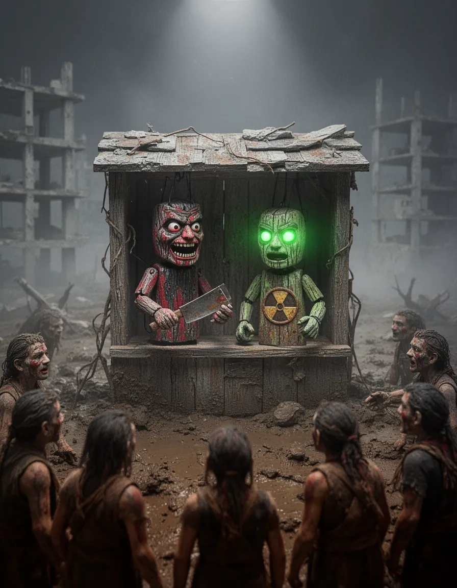 a primitive puppet booth miniature diorama on a desolate post‑apocalyptic mud flat, surrounded by skeletal concrete ruins and thick volumetric fog, with two warped wooden puppets inside—a terrifying punch‑like puppet eusa painted red‑black with a crude cleaver, and the glowing green “little shinin man” bearing a rusted radiation symbol—viewed from below as a crowd of dirt‑streaked tribespeople watches; captured in macro photography with shallow depth of field highlighting detailed tiny props, under rembrandt lighting (single key light 45° above casting a dramatic triangular highlight on each puppet’s cheek), deep shadows sculpting their faces, moody painterly contrast against a dark background, high‑contrast cinematic atmosphere, gritty textures, fog‑lit aura.