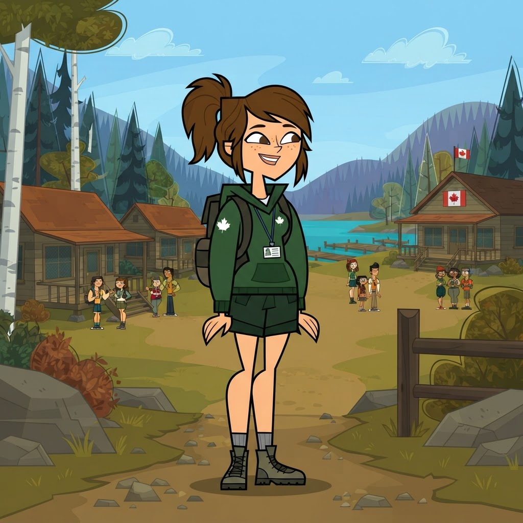 flat 2d cartoon teenage girl character, bold black outlines, green hoodie, summer camp, canadian animated reality show art style