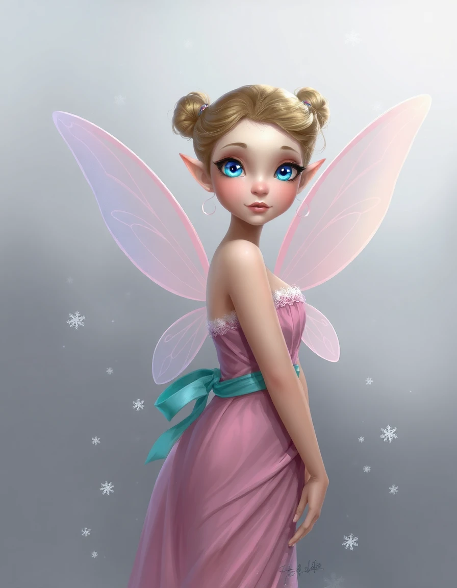 ## Style
- Medium: Digital painting, 2D raster illustration
- Technique: Layered brushwork, airbrushing, digital impasto
- Rendering Approach: Semi-realistic, semi-abstract, stylized realism
- Color Treatment: Pastel palette, cool-to-warm gradient, complementary pink-cyan contrast
- Value & Contrast: Low-contrast, soft tonal transitions, muted mid-tones
- Detail Density: High detail in facial features and wings, soft rendering on fabric folds
- Era / Movement: Contemporary fantasy illustration, Neo-Romanticism, Digital Art Deco
## Subject
- Identity / Type: Ethereal fairy, fantasy creature, mythical being
- Pose & Gesture: Three-quarter profile, slight turn toward viewer, relaxed posture
- Distinctive Features: Large luminous blue eyes, rosy cheeks, delicate facial structure, translucent wings with snowflake motifs
- Clothing or Equipment: Strapless pink gown with lace trim, teal sash, no accessories
- Scale & Proportion: Idealized, slightly elongated limbs, exaggerated eye size, stylized anatomy
## Environment
- Location Type: Studio setting, neutral backdrop
- Time of Day: Indeterminate, timeless, ambient daylight simulation
- Weather & Atmosphere: Ethereal, magical, wintry undertones via snowflake elements
- Foreground Elements: Floating snowflakes, soft fabric drapery
- Background Elements: Solid gray gradient, no environmental detail
- Architectural or Natural Features: None present, abstract void
## Mood
- Primary Emotional Tone: Serene, dreamlike, innocent, melancholic
- Energy Level: Low, tranquil, stillness
- Tension or Calm: Calm, no narrative tension
- Genre Association: Fantasy portraiture, fairy tale illustration, magical realism
## Lighting
- Light Source(s): Soft frontal key light, subtle rim light from behind
- Direction: Frontal with slight top-down angle
- Quality (Hard / Soft): Extremely soft, diffused, no hard edges
- Color Temperature: Cool ambient with warm skin tones
- Key-to-Fill Ratio / Contrast: Low contrast, near 1:1 key-to-fill
- Shadow Character: Soft-edged, minimal shadows, no cast shadows
- Atmospheric Light Effects: Subsurface scattering on skin, glow around eyes and wings
## Composition
- Framing & Crop: Medium close-up, head-and-shoulders framing
- Camera Angle: Slightly elevated, eye-level perspective
- Subject Placement: Center-right bias, wings extend to left edge
- Compositional Rules in Use: Rule of thirds, symmetry in wing placement, balance through color contrast
- Depth Layers: Minimal depth, flat background, layered foreground elements (snowflakes)
- Negative Space: Significant negative space on left side, balanced by wing extension
## Texture
- Primary Materials: Translucent wing membrane, soft fabric, smooth skin
- Surface Quality: Smooth, polished, non-porous
- Reflectivity & BRDF Character: Anisotropic specular highlights on wings, diffuse reflection on skin
- Wear, Patina, & Imperfections: None, pristine condition, idealized surfaces
## Camera
- Shot Type: Portrait shot, medium close-up
- Implied Focal Length: 85mm-equivalent, shallow depth of field
- Depth of Field & Aperture Feel: Shallow depth of field, f/1.4-equivalent blur
- Bokeh Character: Soft, circular bokeh, no lens flare
- Lens Artifacts: None, clean digital rendering
