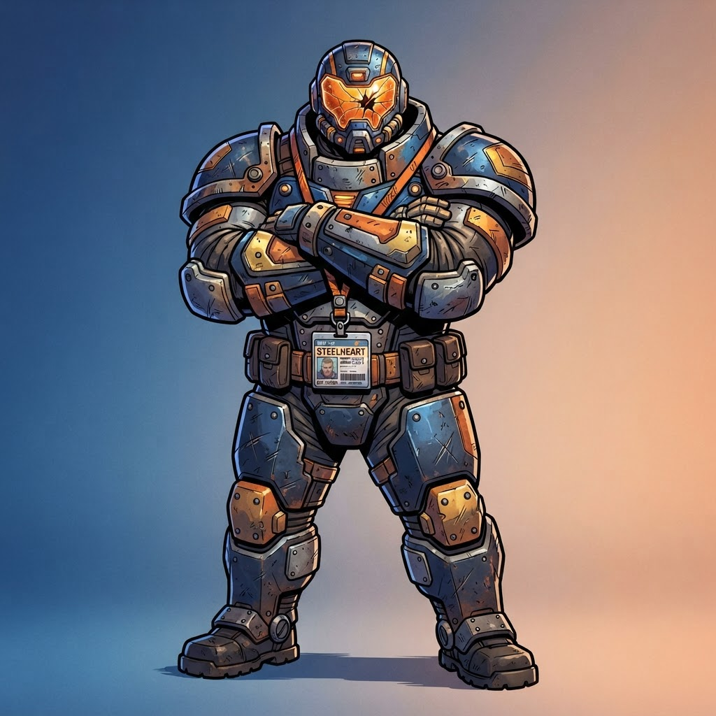 original character: a bulky armored hero with a cracked visor and a lanyard ID badge over the chest plate, arms folded, bold comic book cel-shaded illustration, clean soft gradient studio background, vibrant, crisp high detail