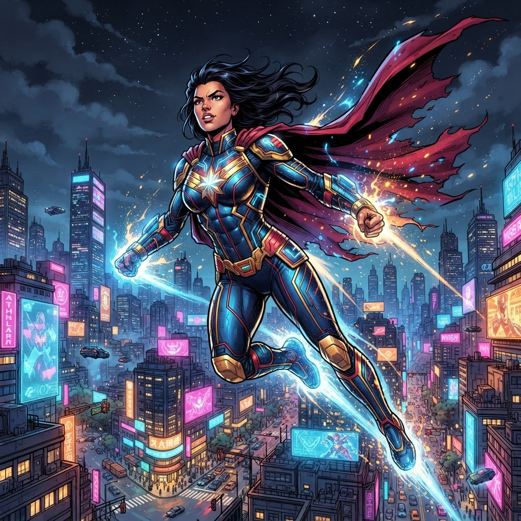 original Marvel-style superhero flying above a neon city skyline, dynamic heroic pose, glowing energy powers, flowing cape, cinematic comic book style