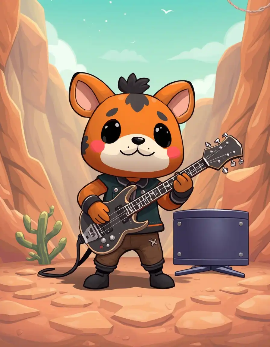 a cute animal crossing character playing as a heavy metal band
the stage setting should be "a desolate, rocky canyon"
the style must remain "cute"