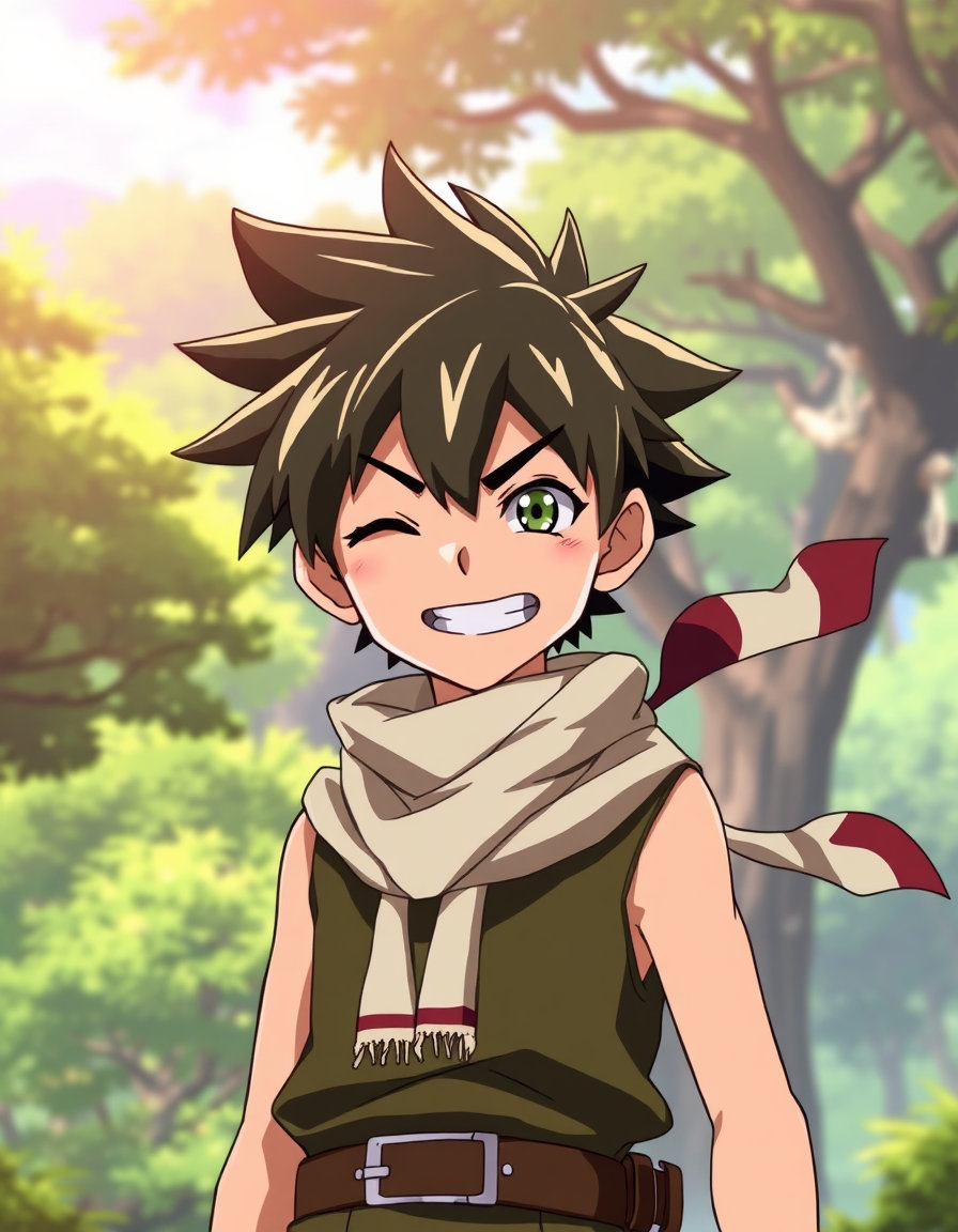 a young gon freecss from the hunter x hunter anime stands confidently in front of a lush forest, his eyes gleaming with determination as he flashes a mischievous grin, one eye slightly closed in a sly wink, his tongue playfully sticking out to one side, his iconic scarf fluttering behind him in the gentle breeze, set against a warm, sun-drenched backdrop reminiscent of the nen training grounds, rendered in a vibrant, dynamic style that captures the energy and excitement of the anime.