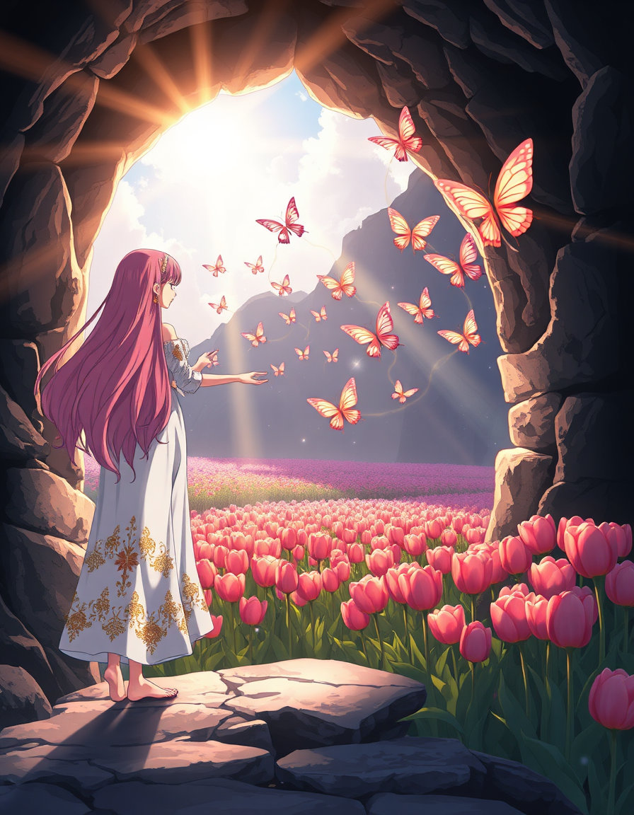 "A stunning anime-style illustration. A graceful girl with long flowing pink hair stands barefoot at the edge of a glowing ancient stone archway inside a dark cave. She wears a flowing elegant white and gold fantasy dress with delicate embroidery. She gently reaches one hand toward the light. Through the arch: a vibrant field of pink and red tulips under a dreamy sky. A flock of glowing colorful butterflies with trailing luminous strings flies from the darkness into the sunlight. Dramatic volumetric god rays, sparkling particles, ethereal and hopeful atmosphere, soft cel-shading, masterpiece."