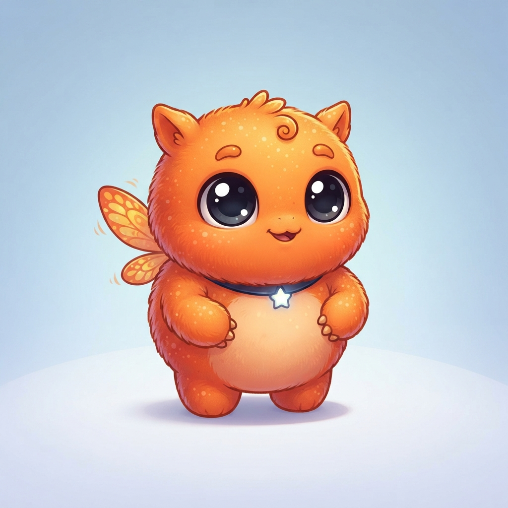 a small round orange alien creature character with huge black eyes, tiny wings and stubby legs, cute mascot style, full body original character design, clean soft gradient studio background, vibrant, crisp high detail, digital illustration, no text, no words, no watermark
