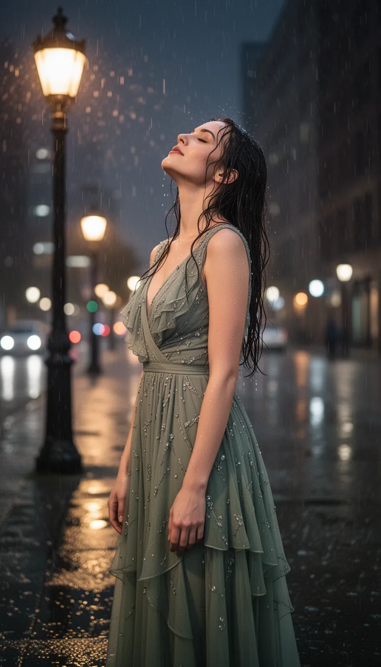 A beautiful, fair-skinned woman in her early thirties stands in the center of the frame, her body tilted slightly to the right, facing the viewer in a three-quarter profile. She is captured in a moment of blissful resignation to the pouring rain, with her head thrown back and her eyes closed, a serene expression on her face. Her long, dark, wet hair clings to her shoulders and face, glistening in the rain. She wears an elegant, sleeveless, V-neck dress in a soft sage green, adorned with delicate, shimmering embellishments that reflect the light. The dress has a ruffled bust and flowing, layered skirt, appearing delicate and graceful. Her posture is slender and graceful. The backdrop is an outdoor urban setting at night, with a lamppost to the left illuminating the scene with a warm, golden glow. Raindrops are visible, and the wet pavement reflects the diffused bokeh of the city in the background, creating a romantic and dreamlike atmosphere. The lighting is subdued, with the lamppost providing a strong, warm light source, contrasting with the cool tones of the rain and the overall scene. The perspective is at eye level, emphasizing the woman's connection to her surroundings. His style is highly cinematic and evocative, capturing a sense of quiet contemplation and beauty in the rain.