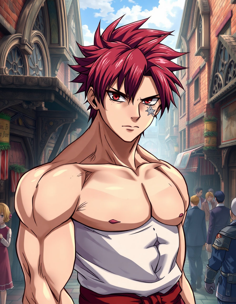 a muscular male anime character with auburn hair, standing in a dramatic pose, his large scar prominently displayed on his left cheek, his dark red eyes gleaming with intensity, set against the vibrant, detailed background of a bustling fairy tail guild, with intricate textures and fine lines that bring the scene to life, every strand of hair, every fold of fabric, every brick of the guild's walls rendered in ultra-fine detail, as if seen through a magnifying glass, the overall effect a testament to the meticulous craftsmanship of the world's greatest artisans.