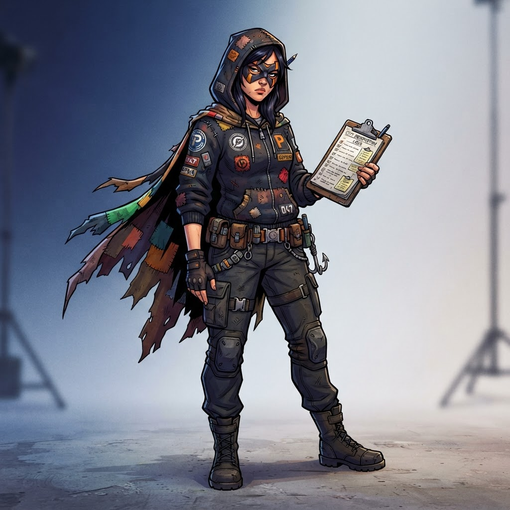 original character: a masked vigilante in a patched hoodie-and-cape combo holding a clipboard, unimpressed slouch, bold comic book cel-shaded illustration, clean soft gradient studio background, vibrant, crisp high detail