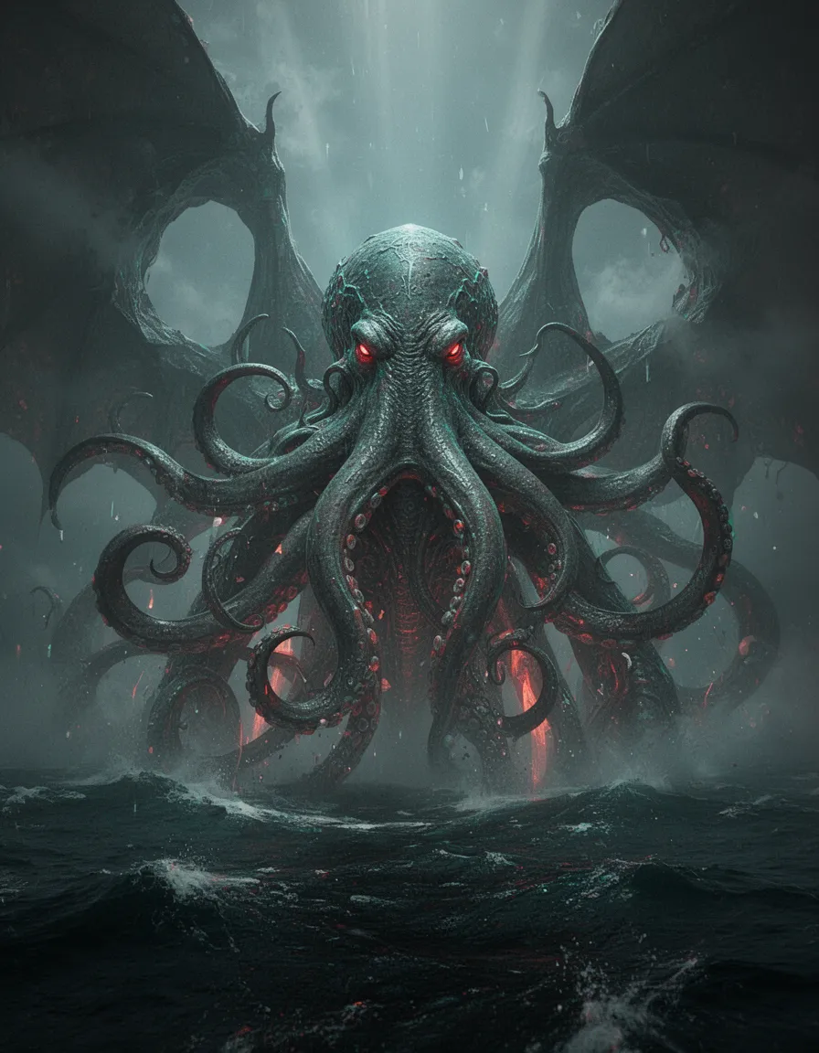 negative space concept dominating the composition, with vast voids shaping the colossal figure and the surrounding abyss, the emptiness framing the massive cthulhu as the primary visual weight, while the surrounding water and sky outline the missing mass with precise geometric negative shapes; professional cinematic framing: a first‑person wide angle looking up at the towering entity, low camera angle, dramatic lighting from unseen sources, cinematic fog and haze swirling around the voids, teal‑orange color grade with muted deep blues, tension‑filled mood, shot with a 24mm lens at f/1.4, iso 200; photorealistic hdr rendering, hyper‑realistic illumination capturing crisp textures of the ocean surface, nuanced reflections on the tentacle‑filled visage, detailed specular highlights on the slick, wet skin of the god‑like creature; super dark contrast ambience, near‑total darkness punctuated by stark 100 % contrast beams of light slicing through the void, creating deep shadows that emphasize the negative space; hyper‑fidelity 1for1 enhancement, ultra‑sharp micro‑detail on every swirling tentacle, pore‑level texture on the wet flesh, immaculate edge definition, noise‑free restoration preserving the original composition; the weight before moment captured just before an unseen cataclysm, the ancient god’s posture frozen in the last instant before reality collapses, eyes fixed on an off‑screen doom, subtle motion poised in the surrounding water and sky, lighting hinting at the impending darkness; hyper‑stereoscopic 3d pop‑out effect, the central cthulhu body rendered to break the flat plane, anaglyph cyan‑red chromatic edges giving a pop‑out depth, crisp foreground focus contrasted with deep background recession; volumetric fog swirling through the abyssal ocean, particulate particles scattering light into soft radiant beams, diffused shadows and elongated halos surrounding the towering figure, enhancing scale and dread; high resolution 150k ultra‑sharp 3d multilayered shading, ray‑traced global illumination, deep parallax depth, subsurface scattering on the tentacles, intense rim lighting, micro‑highlights on wet surfaces, ambient occlusion shadows, octane and unreal engine 5.4 rendering with 32k textures, 32‑bit hdr, crystal‑clear micro‑details, perfect focus; a towering, colossal cthulhu rising from a black ocean abyss, dominating the frame, its face a mass of hypnotic swirling tentacles, eyes reflecting endless cosmic voids, impossible scale distorting the environment with non‑euclidean geometry and spiraling dimensions in the sky, atmosphere thick with overwhelming psychological dread, surreal disorienting ambience, first‑person perspective looking up, extreme vertigo, intense chromatic aberration, fragmented melting reality, lovecraftian masterpiece, hyper‑detailed surrealistic cosmic horror.