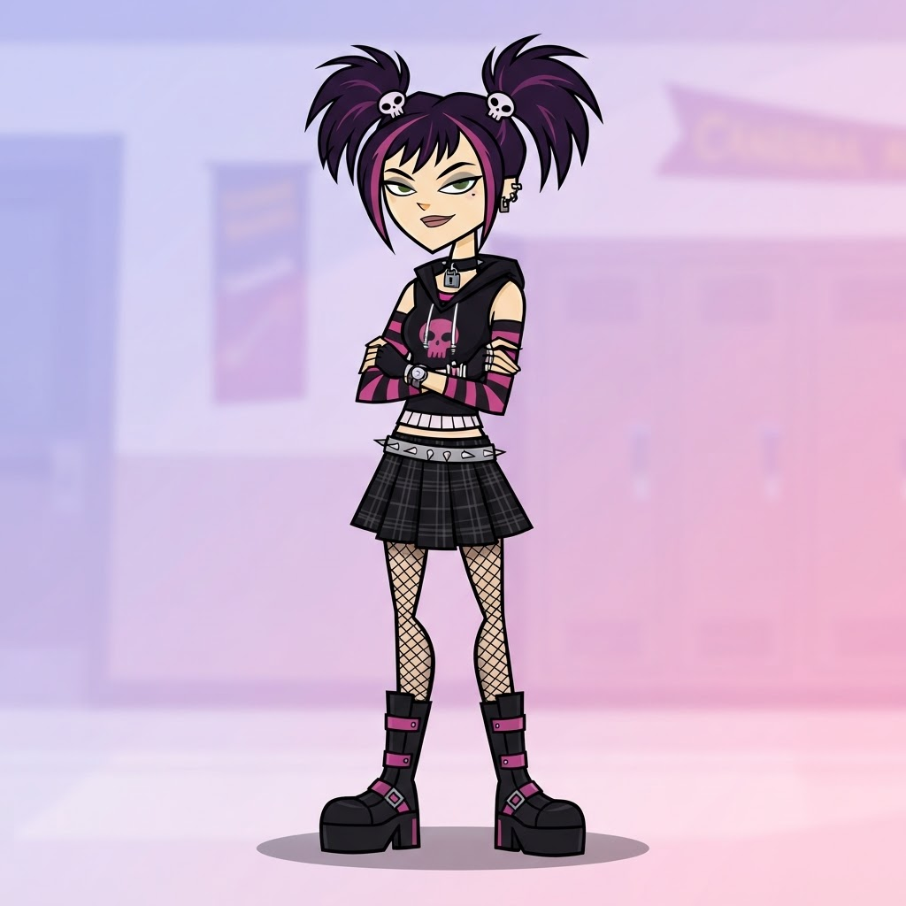flat 2d cartoon teenage girl character with dark purple pigtails, goth style outfit, canadian animated reality show art style