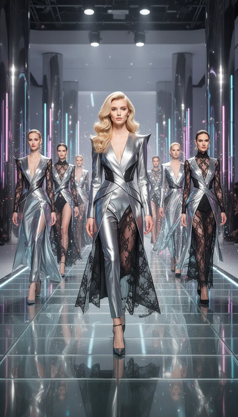 fashion morphing scene featuring tall slim models seamlessly transitioning into a variety of avant‑avant garments, each transformation highlighted with fluid, elegant movement and shimmering visual effects; centered on a blond fashion mannequin, a statuesque figure with sculpted, glossy blond hair, posed gracefully in a high‑fashion editorial setting, exuding poise and runway confidence; the runway terminates with models stopping one at a time at the end, striking striking poses, wearing futuristic haute‑couture ensembles adorned with sleek metallic fabrics, crisp architectural silhouettes, and intricate black lace accents that contrast sharply against luminous neon lighting, all set within an ultra‑modern studio with glossy floor panels, towering reflective columns, and ambient soft‑focus lighting that emphasizes texture, detail, and the dynamic progression of style.