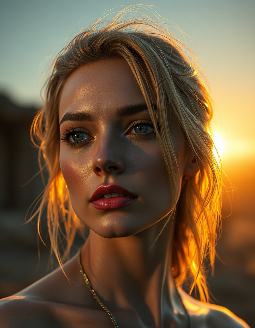 cinematic golden hour photorealistic digital cinematography in ultra‑high‑fidelity 8k resolution, rendered with volumetric lighting, subsurface scattering, global illumination and ray‑traced reflections, employing photogrammetry‑based textures and physically based rendering, cinematic color grading in a warm golden‑hour palette with desaturated background tones and saturated skin tones and metallic accents; low‑key lighting with mid‑tone highlights, soft contrast and atmospheric haze, hyper‑detailed facial micro‑textures, fine hair strands,