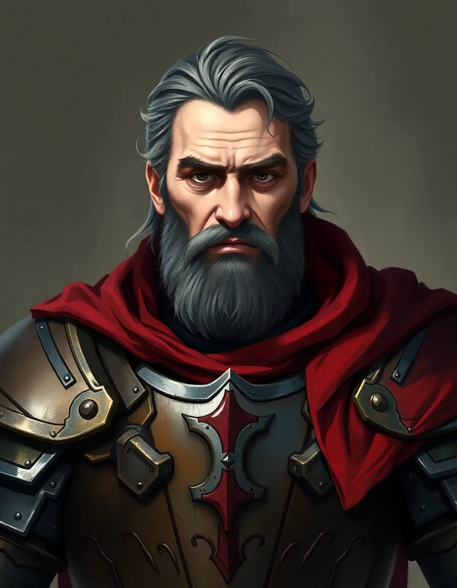 Portrait of a man. Grizzled warrior. Tall, strong. Wearing heavy armor, with a cape. Paladin. Dungeons & Dragons character art, highly detailed, semi-realistic, painted illustration, fantasy portrait, front-facing, looking directly at the viewer, 4K