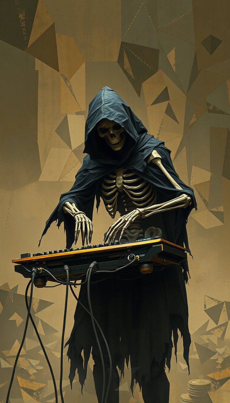 an undead skeletal dj in a tattered black hood, shredding on a laser‑synthesizer shaped like a high‑tech scythe, shooting arcs of electricity and trapped souls into a smoky, post‑apocalyptic junkyard venue, rendered in analytic cubism: dense, overlapping faceted planes in ochres, grays, tans, and muted olive, with transparent geometric fragments creating a shallow relief‑like field, edges dissolving and re‑emerging, fine lattice brushwork, and deliberate loss of legibility for structural analysis.