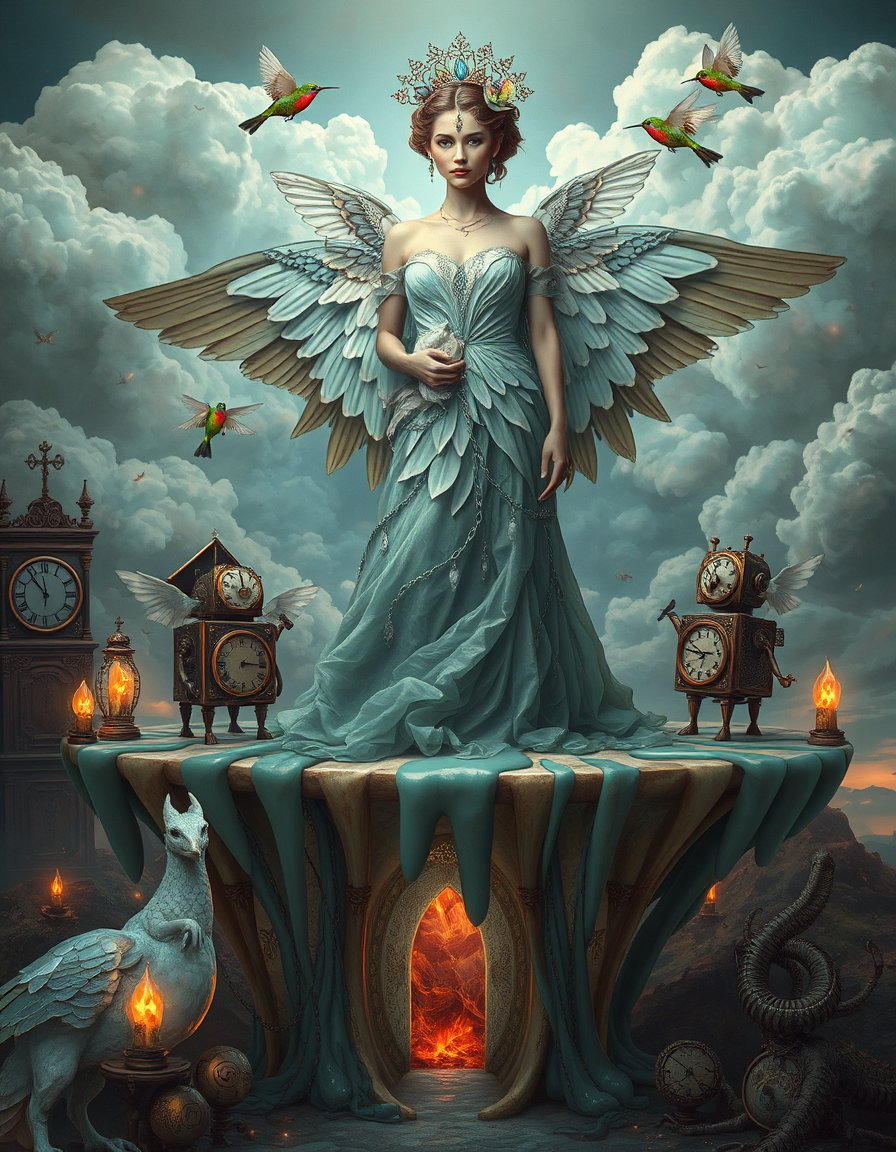 an ethereal goddess atop a twisted, melting catwalk amidst a dreamlike landscape of iridescent clouds and mystical creatures, her attire unfolding like a kaleidoscope of intricately folded wings and beaks woven into the fabric, stands poised in verdigris hues, amidst a backdrop of melting clocks, distorted furniture, and eerie, glowing flora, where miniature, glowing hummingbirds flit about her head and shoulders, their iridescent feathers blending with the dreamlike atmosphere. the goddess's refined features strike a confident pose, amidst a polarized specular suppression background, with a victorian-inspired mystic figure sitting in the center, surrounded by four clockwork automatons of varying sizes, their intricate, organic patterns of worn machinery blending with the dreamlike atmosphere. in the foreground, a crystal foreground refracts light, a portal with vines and runes, an ice wyvern, and a fiery doorway behind the clouds – all rendered in the victorian vertigris surrealism style with bold, expressive brushstrokes, an emphasis on negative space, selective detail, and dramatic asymmetrical composition, in a palette of muted, verdigris tones, including soft blues, greens, and weathered golds, with touches of creamy whites and rich, muted reds.
