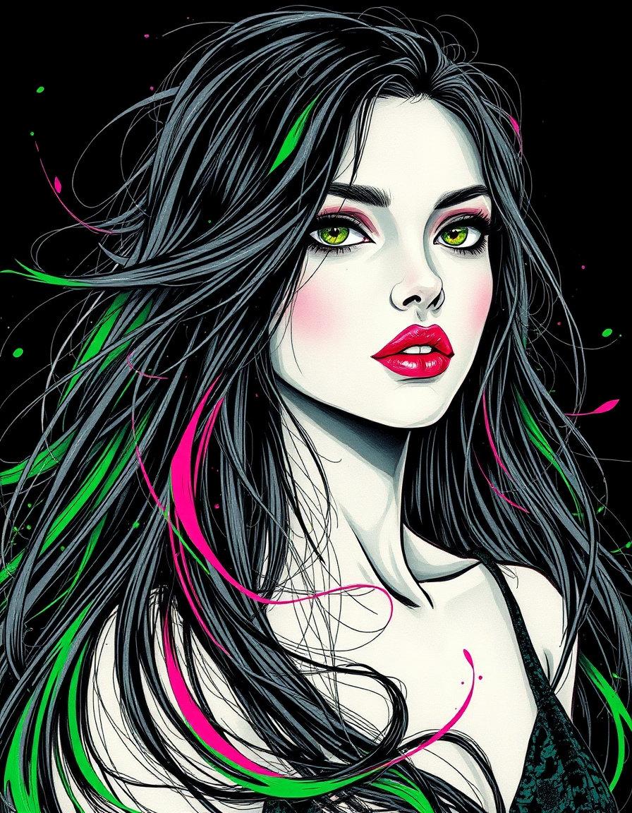 a female character portrait, set against a stark, monochromatic background, where intricate etched lines evoke a sense of depth and texture, and a soft focus effect imbues the subject with an ethereal quality. her elongated hair flows like a dark, abstract composition, with delicate, flowing strands that seem to defy gravity, while her large expressive eyes and pouty lips remain frozen in a captivating, enigmatic expression. thick, dark outlines slice through the void, creating a sense of dynamic movement and tension, as acid greens and hot pinks swirl around her in a mesmerizing dance, punctuated by bold, visually striking brushstrokes that evoke the frenetic energy of die brücke.