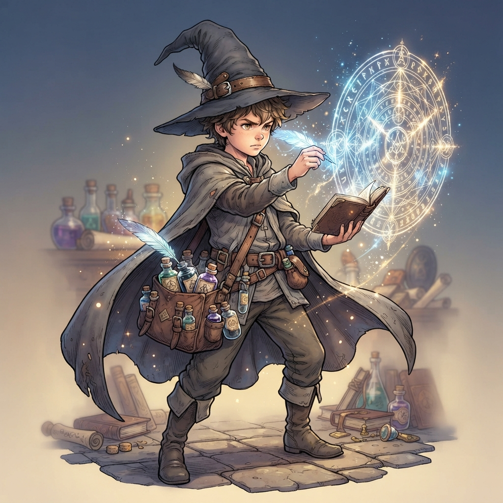 original character: an apprentice witch boy in a tall pointed hat and grey travelling cloak, satchel of glass ink bottles at his hip, drawing a glowing magic circle in the air with a quill, delicate ink-line fantasy manga illustration, clean soft gradient studio background, vibrant, crisp high detail, digital illustration