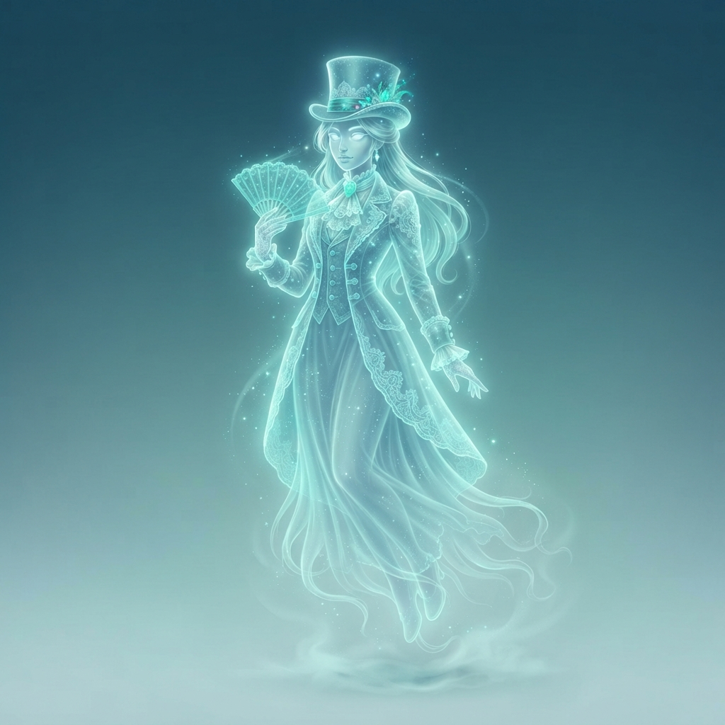 an elegant translucent teal ghost character in a victorian coat and top hat, faintly glowing, floating, full body original character design, clean soft gradient studio background, vibrant, crisp high detail, digital illustration, no text, no words, no watermark
