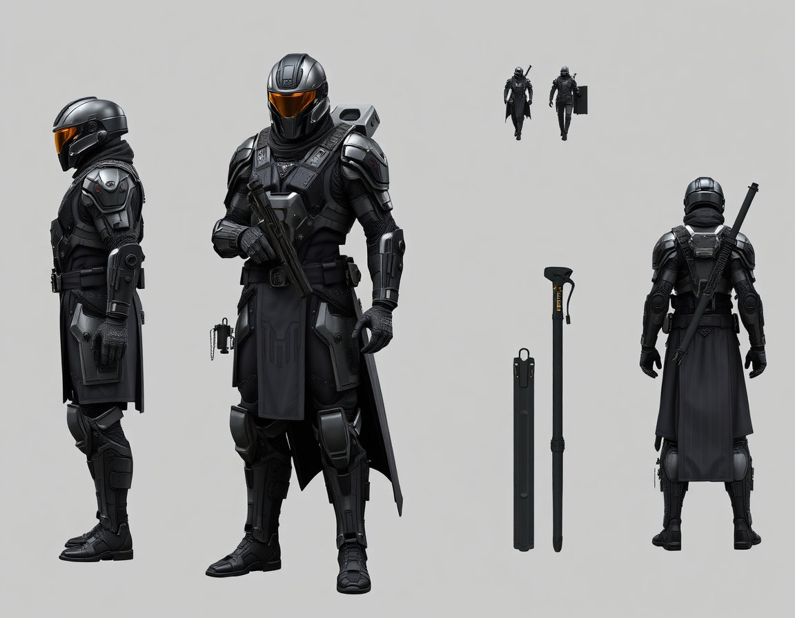 Futuristic sci-fi soldier with full armor. Photo realistic style. Model sheet with front, back and side view of the model. Fantasy sci-fi ninja