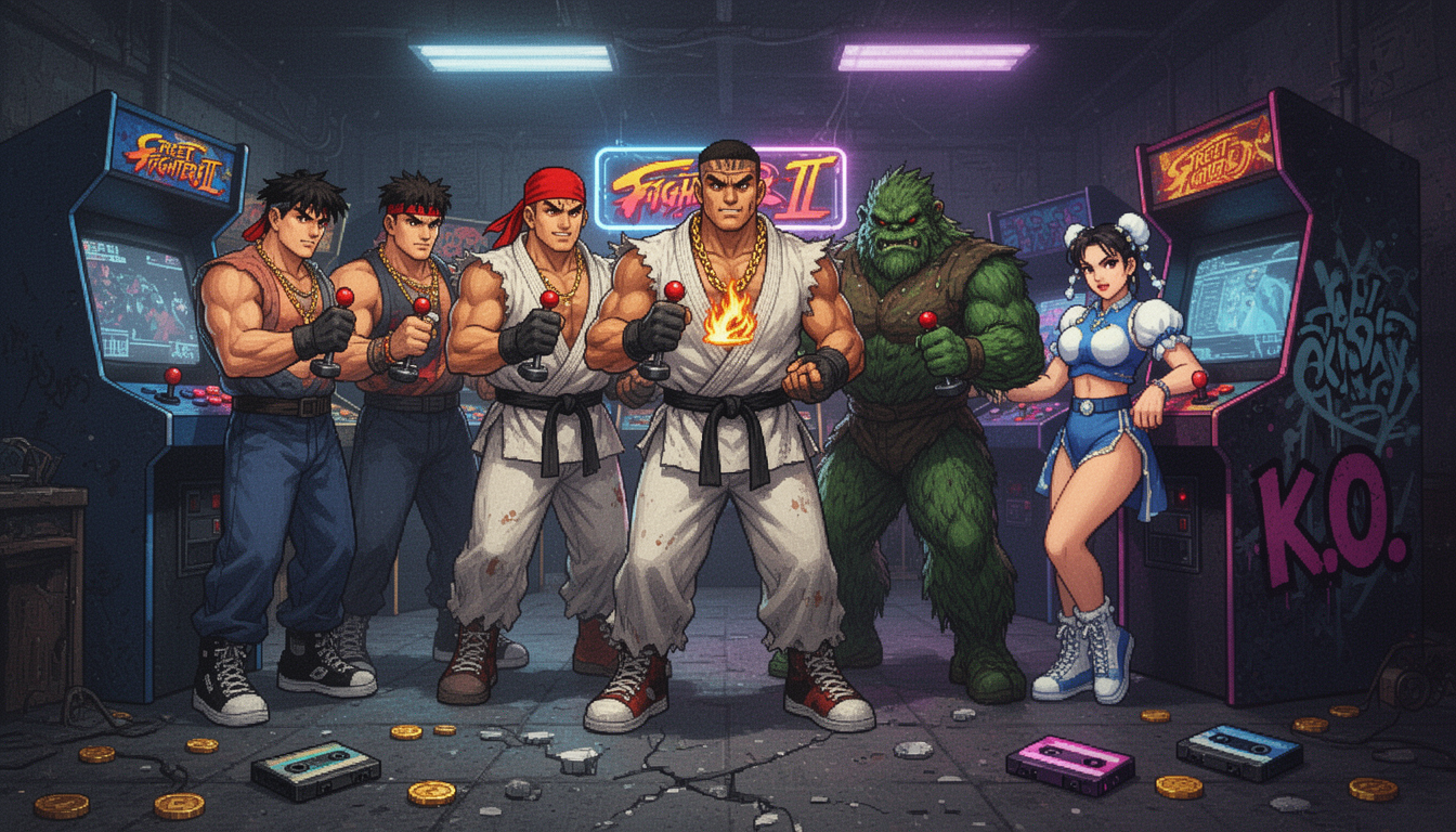 A gritty, neon-drenched scene set in a dimly lit 90s arcade. Six core Street Fighter II characters—Ryu, Ken, Chun-Li, Guile, Blanka, and M. Bison—are posed as a rap crew, mid-cypher. They stand in a semicircle, each gripping vintage arcade joysticks like microphones. Ryu wears a faded red durag and a worn gi, Ken sports a flashy gold chain with a flaming shoryuken pendant, Chun-Li leans against a glowing arcade cabinet with "K.O." graffiti tagging the side. The lighting is harsh, with neon blues, purples, and the warm amber glow of CRT monitors. The floor is scattered with cracked tokens and cassette tapes. The composition is a wide-angle, low shot making them appear larger than life. Style: 90s hip-hop album aesthetic meets pixel-art grit, photo-realistic but with a grainy film texture.