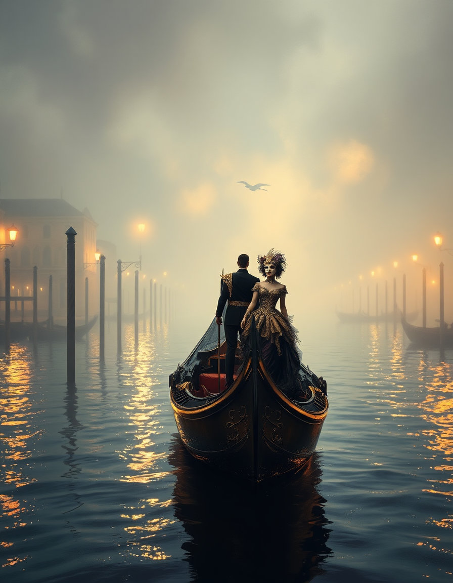 Impressionism, acrylic painting + digital art masterpiece. A mystical atmosphere in the run-up to the magical Venetian Carnival. The backdrop is a silvery twilight, with a shimmering mist of gold and silver, through which a Venetian canal is faintly visible, with the blurred outlines of solitary bricole piles—and nothing else. Against this misty backdrop, depict a solitary gondola gliding along, carrying a couple standing upright: a man and a woman in exquisite, stunning carnival costumes and masks, rendered in a radiant palette of subdued golden, silvery, violet and black tones. The shimmering water reflects the stunning glare of invisible lights and the blurred silhouettes of unseen old buildings. A unique scene with a mystical, ethereal haze, shimmering mist and magnificent, diffused soft light; a muted, masterful colour palette; magnificent reflections; atmosphere; visual poetry; harmony of light, colour and subject; excellent cinematic post-processing.