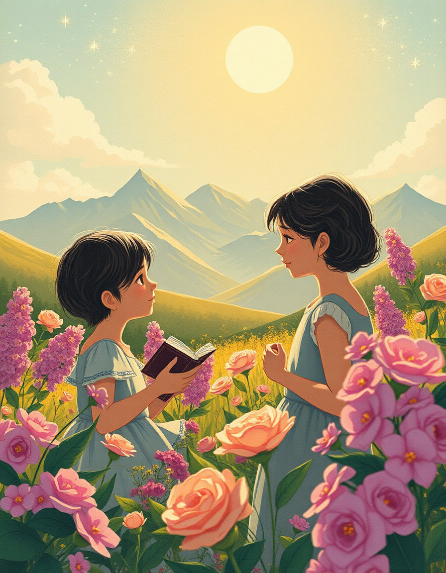 in a sunny garden, reminiscent of a vintage childhood illustration, a cinematic moment unfolds under the warmth of a bright sun shining down from a clear sky adorned with twinkling stars, casting a gentle glow on vibrant flowers, particularly a profusion of colorful lilacs and roses, their delicate petals swaying softly in the breeze. in the distance, majestic mountains stretch upwards, their rugged beauty a testament to the wonders of the world. the atmosphere is one of hope and innocence, as if the characters are young poets who live and breathe literature, their eyes shining with optimism as they cherish the simple joys of life. the color palette is a nostalgic blend of soft pastels, evoking a sense of timelessness and wonder, while the background is a whimsical, yet serene landscape that seems almost dreamlike, as if drawn on textured paper with a delicate touch, inviting the viewer to step into this idyllic world.