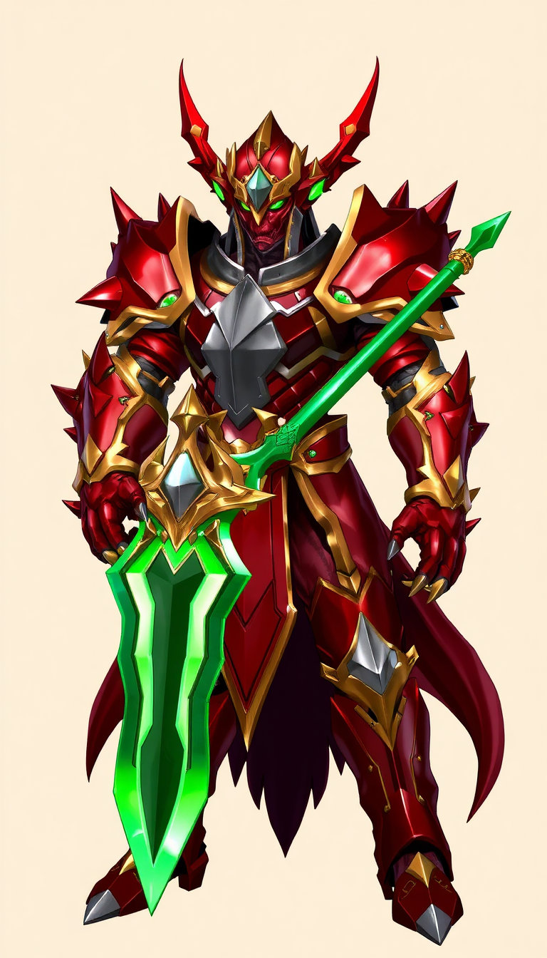 Highly detailed fantasy character illustration of a humanoid armored warrior in red, gold and silver dragon‑themed armor, standing in a strong, confident pose against a simple neutral background. The armor covers the entire body with sharp, angular plates: deep red as the main color, gold trim along the edges and a silver central chest plate framed by gold. The helmet has a dragon‑like motif with a crown‑like golden crest rising from the top and a faceted, gem‑like visor that hides the face. The shoulders are large and ornate, with red and gold angular pauldrons that extend outward. The left arm is encased in a massive, clawed gauntlet with jagged, draconic shapes and glowing green accents, ending in sharp talon‑like fingers, as if it were a dragon’s claw turned into armor. The right arm wears a more conventional but still ornate red‑and‑gold gauntlet and holds a long, jagged sword with a vivid green blade and gold edges, the blade shaped like a crystalline or energy weapon with irregular, tooth‑like serrations. The legs are heavily armored with red plates, gold trim, pointed knee guards and angular greaves that match the upper body design. The materials look metallic and polished, with strong highlights on the red and gold surfaces and a luminous quality to the green blade and gauntlet details. The overall style is polished, high‑contrast fantasy concept art, combining heroic and slightly villainous energy in a powerful dragon‑knight or boss‑character design. 9:16 aspect ratio.