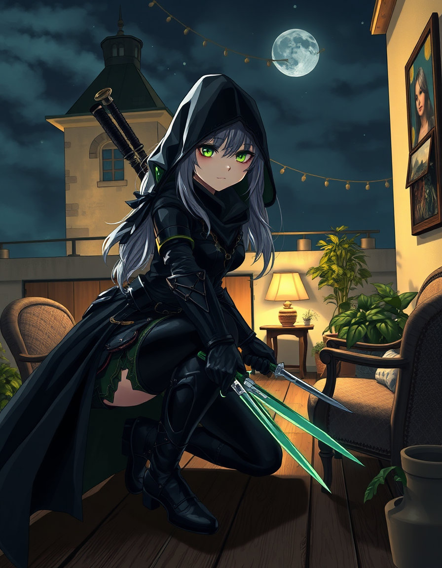stealthy anime female assassin, silver hair, green eyes, black leather armor, cloak, hidden blades, green glowing lines, crouching on gothic rooftop at night, biedermeier domestic style, warm golden wood tones, soft greens, cream walls, natural daylight, intimate domestic interior, polished wood, upholstered chairs, potted plants, family objects, affectionate naturalism