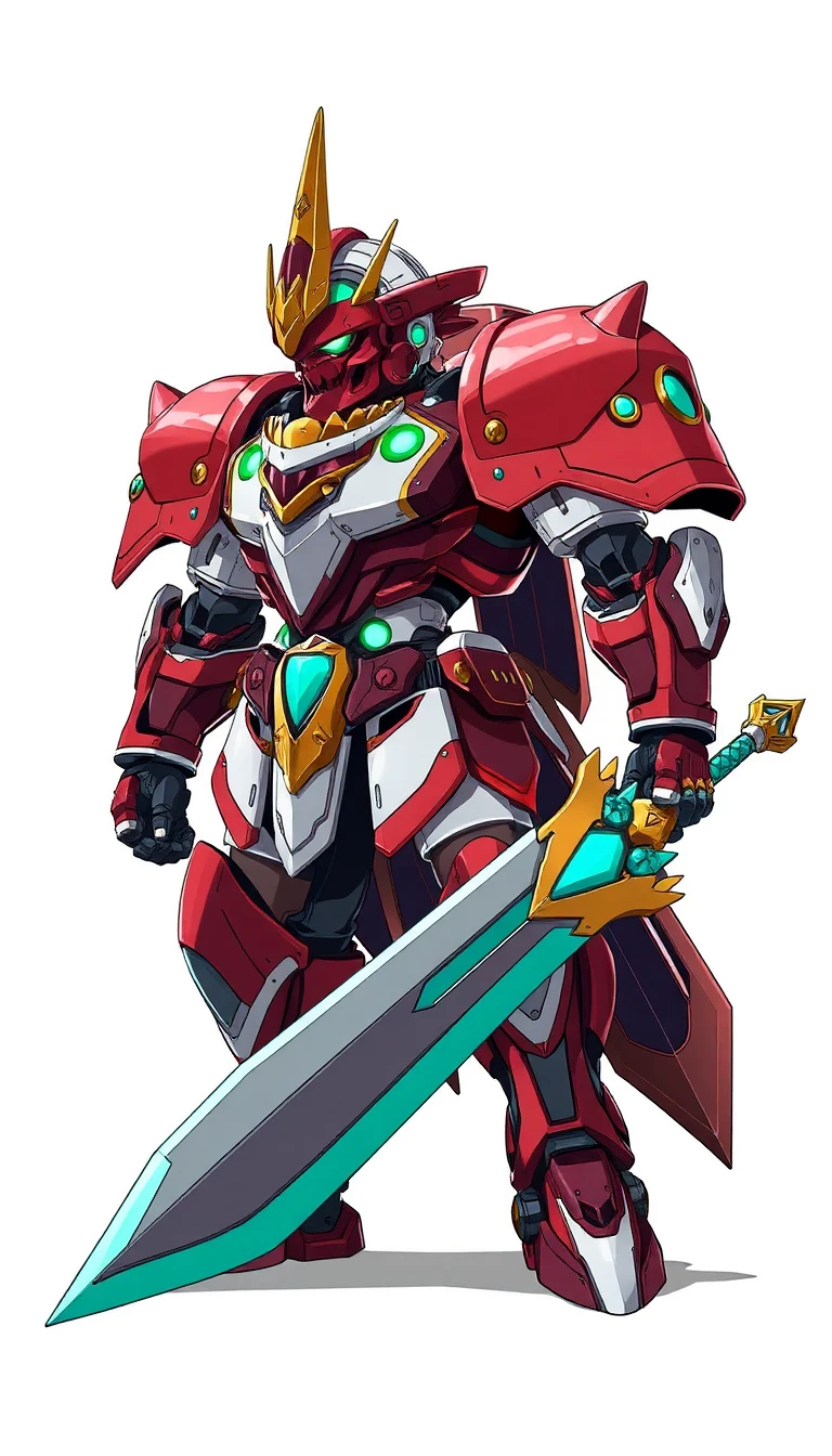 This high-detail anime mecha illustration showcases a fantasy-tech armored warrior knight in a powerful full-body, three-quarter standing combat stance facing slightly left. The humanoid mecha features an aggressive, skull-like helmet faceplate with glowing green eyes and a fierce red mouth design, crowned by a massive, golden spiked crown ornament. Its intricate, layered armor plating is rendered with clean lineart and sharp cel-shading, dominated by a vibrant maroon and red color scheme with white-silver torso panels, gold trim, and deep blue technical accents. The mecha holds a massive longsword with a glowing turquoise blade and an ornate golden hilt resting toward the lower right. Set against a pure, featureless white studio background, the entire composition is flatly illuminated with subtle, soft specular highlights on the armor's clean, semi-gloss surfaces, creating a bold, striking design with an infinite depth of field. 9:16 aspect ratio.