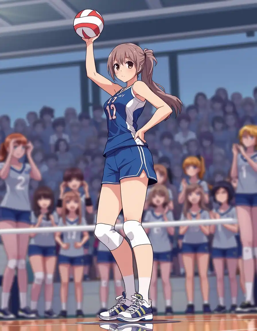 a woman wearing a blue volleyball uniform stands in a dynamic pose on the school volleyball team. the style of the scene is anime cel-shading. the volleyball players are surrounded by a blurred crowd of other female athletes cheering.