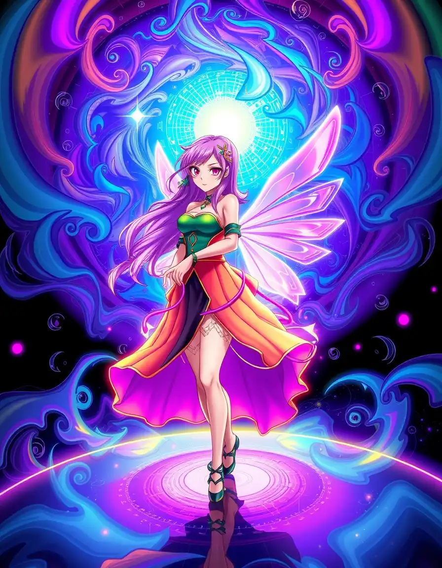 a woman from the fairy tail guild, surrounded by swirling fractals and iridescent gradients, wears a vibrant, glowing aura. her iconic fairy tail flows behind her, blending into an optical illusion that extends into the distance. bold neon hues and high-contrast outlines give the scene a dreamlike quality.