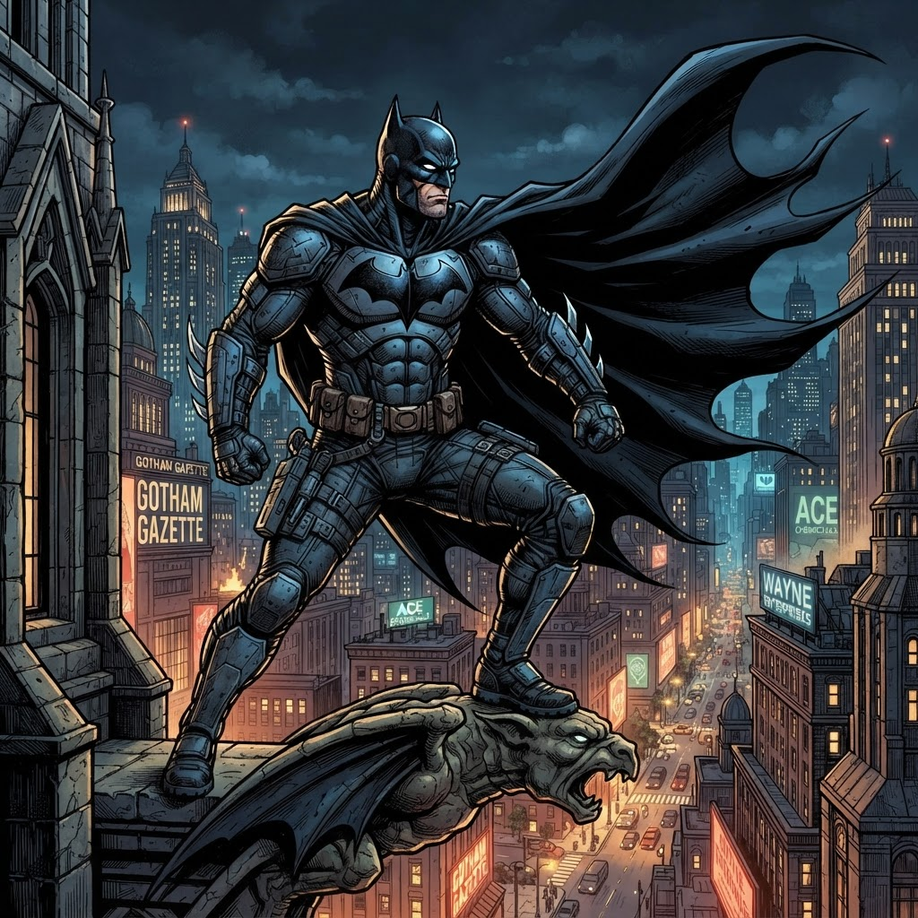 original DC-comics-style superhero, caped crusader vigilante in dark armored suit, dramatic city skyline at night