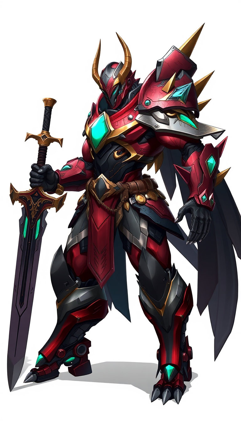 Create a highly detailed and dynamic digital illustration of a **warrior in futuristic, organic armor**, standing in a fighting stance, holding a **sword or power blade** in their right hand, with their **left hand raised** as if to invoke power or prepare for an attack. The character should have a **powerful and muscular build**, with **segmented and asymmetrical armor**, combining **organic elements** (such as scales, horns, or growths) and **mechanical or technological components** (metal plates, visible joints, geometric patterns). The armor should be dominated by **shades of dark red, black, and gold**, with **accents of emerald green or turquoise** for energy details or gems. Add **distinctive elements**: a **helmet or mask** with **curved horns or pointed extensions**, **shoulder guards and arm guards** adorned with **blades or spikes**, a **wide belt** with **engraved symbols or designs**, and **reinforced greaves and boots**. The **hands should be equipped with gauntlets** featuring **mechanical details or claws**, and the **shoulders should bear stylized protrusions or wings** to enhance the menacing appearance. The **sword should be long and elegant**, with a **wave-shaped or saw-toothed blade**, and a **hilt decorated with designs or gems**. Use **clean, precise lines** for the outlines of the armor and limbs, and **light and shadow effects** to emphasize the volume and depth of the pieces. The background should be **neutral (white or slightly gradient)** to highlight the character and its intricate details. The image should evoke an atmosphere of **power, advanced technology, and mystery**, like concept art for a science fiction video game, a mecha character, or an illustration of a futuristic warrior, where every detail reinforces the impression of **strength, determination, and innovative design**. 9:16 aspect ratio.