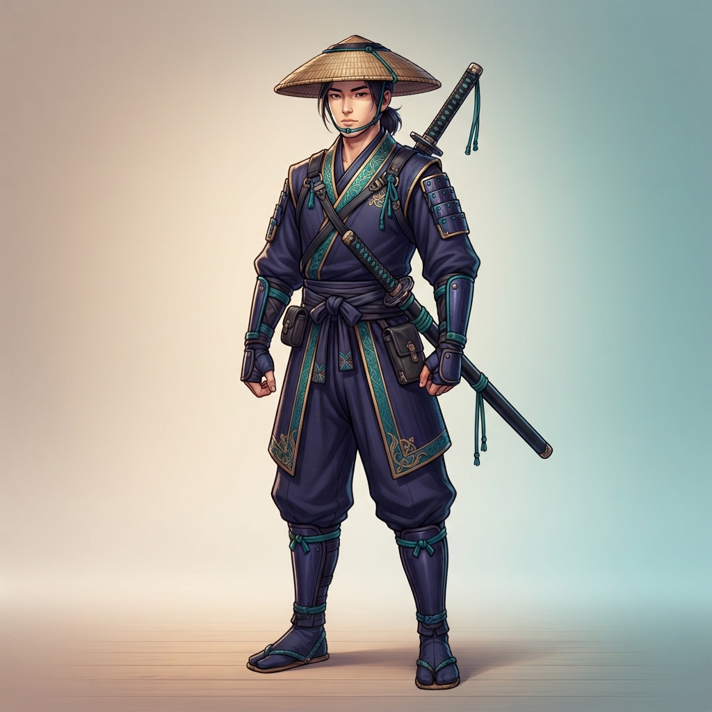 original character design of a calm male ninja, deep indigo shozoku with teal trim, woven straw hat, katana across his back, full body standing pose, clean soft gradient studio background, vibrant, crisp high detail, digital illustration, no text, no words, no watermark