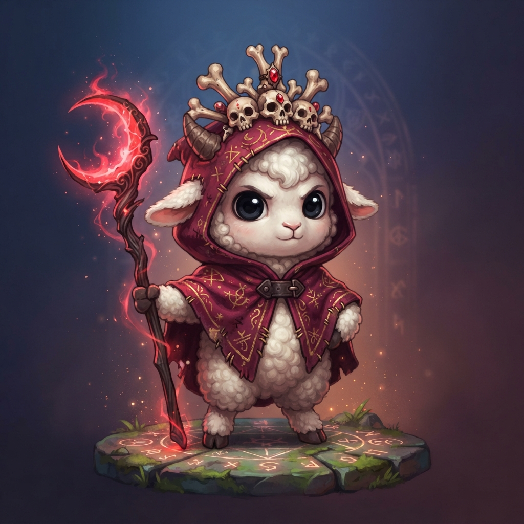 a cute cartoon lamb cult leader wearing a red hooded cloak and a bone crown, whimsical dark storybook game art style