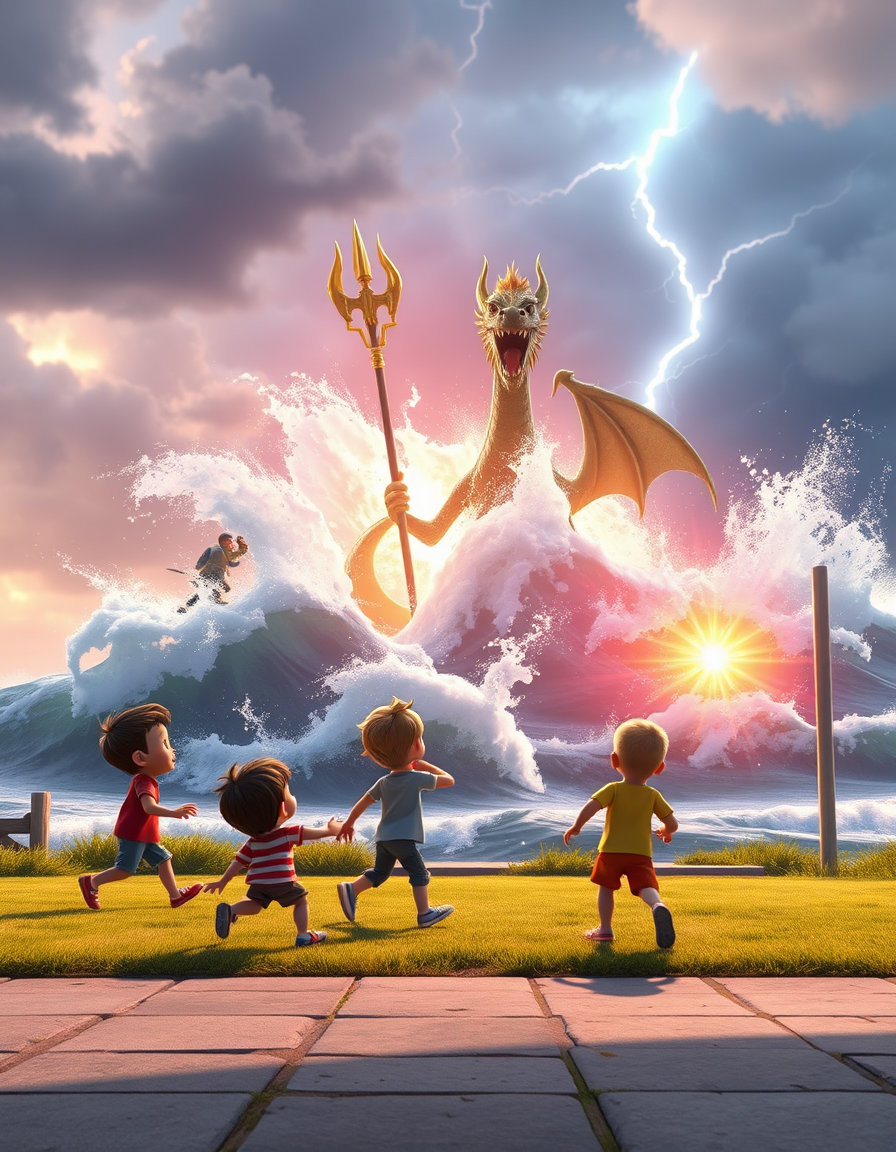 Create a 15-second epic action-packed 3D animated short film for kids. Use fast pacing, intense action, dramatic camera movements, cinematic destruction, and powerful visual effects.

0-3 sec: Children play in a seaside park. Suddenly the ground shakes. Dark storm clouds explode across the sky. Giant waves rise like monsters from the ocean.

3-6 sec: The Sea King bursts out of the sea with a massive water explosion. His glowing trident creates giant whirlpools and water dragons. Lightning strikes around him as he roars in anger.

6-9 sec: Powerful fantasy villains emerge from the storm portal above the ocean. They unleash dark energy, tornadoes, and giant shadow creatures. The sea becomes a battlefield.

9-12 sec: The children transform into brave young heroes. They sprint, jump, dodge collapsing structures, surf across giant waves, and race to collect magical trash crystals powering the villains.

12-15 sec: Massive final battle. The Sea King summons a colossal water dragon while the children destroy the pollution source. A giant explosion of light fills the sky. The villains are blasted away, the storm vanishes, the ocean becomes crystal clear, and a huge rainbow appears over the sea.

Visual Style: Pixar-quality 3D animation, ultra-detailed characters, intense action sequences, fast camera movements, epic water simulations, cinematic explosions, lightning effects, heroic moments, emotional victory, vibrant colors, blockbuster animated movie trailer, 4K, high energy, maximum excitement.

AI Director Freedom: Add extra action scenes, epic combat moments, magical sea creatures, dynamic transitions, dramatic slow motion, and unexpected heroic moments while keeping the story family-friendly and visually spectacular.