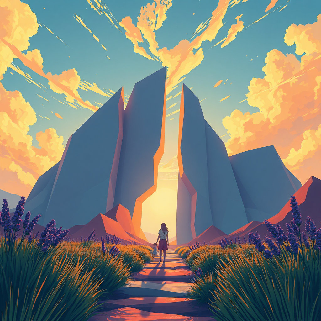a makoto shinkai-inspired landscape features a soft cel shading style, with a low angle composition that emphasizes the inmensidad of the cielo and the emotion of the personaje. the sky is painted with a paleta pastel cálida, using naranjas suaves, púrpuras tenues, and azules lavanda to create a sense of nostalgia and paz. the characters are designed with a textura de papel/lápiz style, featuring a subtle textura that imitates traditional papier-mâché, making the digital elements feel more organic. the overall scene is bathed in a natural light, with a golden hour effect creating a resplandor in the characters' cabello and the ambient environment. lens flare & motes are scattered throughout the scene, adding depth and a touch of "magia" to the ultra-realistic setting.
inside the soft, cel-shaded world of the makoto shinkai-inspired scene, lies a threshold that leads to an italian futurist-inspired environment. this threshold, aptly called a "gateway to the future," transports the viewer to a realm dominated by bold, colorful shapes and vibrant, dynamic motion lines that evoke speed and energy. as we step through this threshold, the viewer is submerged in a world of mesmerizing light and shadow, inspired by the works of luigi russolo, carlo carrà, filippo tommaso marinetti, and umberto boccioni.
moving forward into this futurist-inspired environment, the scene now finds itself broken up into multiple geometric shapes, reminiscent of the fragmented occlusion grid style, as though the scene has been reconstructed from many overlapping planes, shadows, and structural interruptions. as we explore this new environment, we notice vibrant, saturated colors—such as fiery reds, electric yellows, and deep blues—applied in sharp, angular strokes, which further emphasize the movement and depth characteristic of this style.
as we navigate through this vibrant, dynamic world, we begin to notice subtle details and nuances within the scene—distorted machinery elements, abstracted human figures in mid-action, and swirling patterns that suggest velocity and chaos. this environment, defined by raw power, technological fervor, and emotional intensity, not only captures the essence of futurist aesthetics but also showcases the style's aggressive brushwork and layered textures.
beyond the threshold of the futurist environment lies a serene, idyllic fairy tale-inspired landscape. here, the viewer is surrounded by soft, spectral lighting; high-value glow gradients; and chromatic harmonies reminiscent of illuminated manuscripts and storybook illustration. environmental forms take on rounded silhouettes, with exaggerated scale relationships that enhance the sense of gentle surrealism.
further still, this fairy tale-inspired scene is transported to a realm of fantasy painterly beauty, evoking a sense of gothic cottage core medieval whimsy. as the viewer delves deeper into this enchanted world, they are greeted by vibrant pops of color amidst an atmosphere of mystery and enchantment, all set against the rich backdrop of a luminous, texturally subtle watercolor cold-press aesthetic.
inside this fantastical, painterly world, we finally encounter a mysterious artifact, an imagined relic from a future that never arrived. this artifact is imbued with an air of mystery and intrigue, and its strange beauty seems to emanate from a place beyond our own time or reality. the viewer is left to ponder the origins and meaning of this mysterious relic, lost in a realm that lies beyond the boundaries of our understanding.