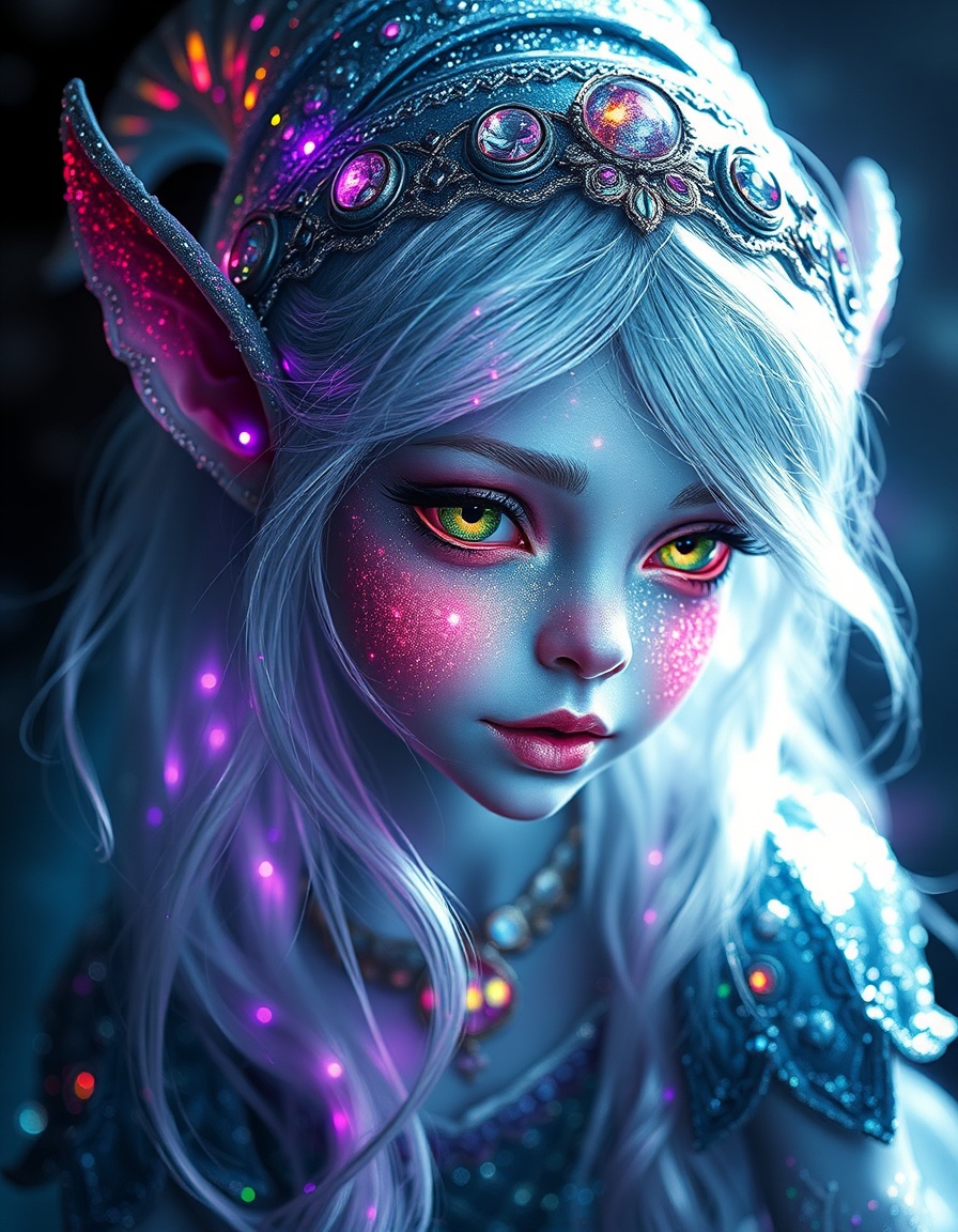 a mystical captivating fantasy elf infused with whimsical fantasy details blended seamlessly with a radiant iridescent glitter silver essence and intensified magical elements, with vibrant and shimmering details subtly woven into the glowing iridescent glitter silver light that seems to emanate an otherworldly aura of shimmering magic.