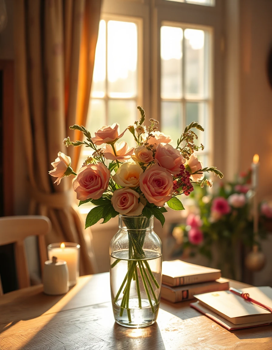 🌸 Beautiful Flower in a Vase Prompt
A beautiful bouquet of soft pastel flowers in an elegant glass vase, placed near a sunlit cottage window, warm golden sunlight falling gently on the petals, cozy aesthetic, dreamy atmosphere, ultra detailed, cinematic photography style, soft shadows, peaceful and calming mood, realistic textures, Pinterest-style home decor, 9:16 Instagram reel composition
---
🌷 Minimal aesthetic version
A single delicate flower in a vintage ceramic vase on a wooden table, soft morning light, calm minimal aesthetic, muted colors, cozy peaceful atmosphere, cinematic depth of field, ultra realistic
---
🌹 Romantic version
A stunning arrangement of roses and wildflowers in a crystal vase, candlelight glowing softly beside it, dreamy romantic atmosphere, warm tones, elegant aesthetic, cinematic realism
---
🌼 Cottagecore version
Wildflowers in a rustic vase inside a cozy countryside cottage, books and tea nearby, warm sunlight through curtains, soft waterco
