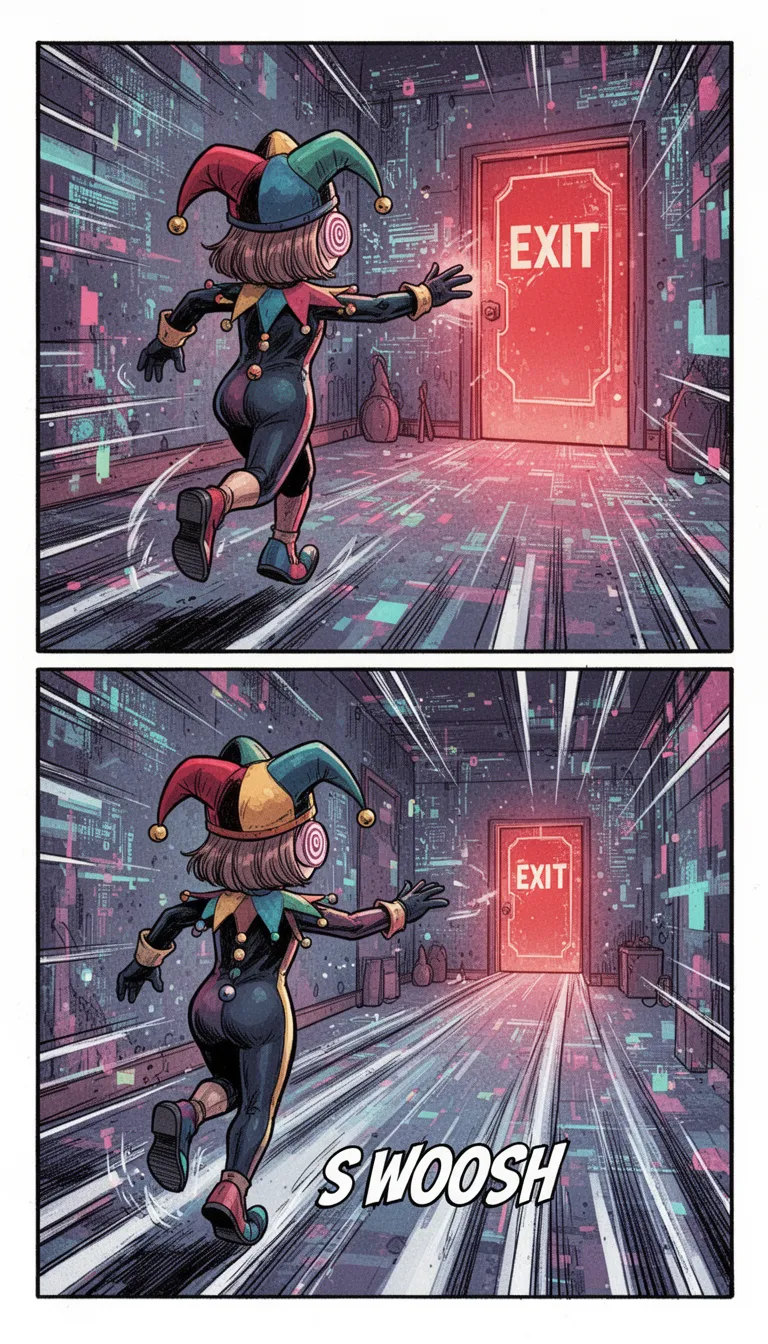 Create a full-page ultra-detailed colored comic book illustration based on the Scene description. Use an authentic Western comic page composition with dynamic interconnected panels flowing cinematically across the page. Each panel must be visually distinct and advance a clear, engaging story with a strong beginning, middle, and ending.

**Scene description:**
Two-panel comic of Pomni the jester from The Amazing Digital Circus, no dialogue. 

- **Top panel**: Pomni running down a digital circus hallway, arm outstretched towards a glowing red Exit door that is close but out of reach. Three quarters back-view. She is not aware of the camera.

- **Bottom panel**: Same pose of Pomni, but the hallway has dramatically stretched and expanded between her and the door, making the glowing red Exit door now much farther away. Three quarters back-view. She is not aware of the camera. Add a single sound effect text "S W O O S H" in the bottom panel on the floor to show the hallway extending. Digital art, vibrant glitch aesthetic, clean comic panels

**Subject:**
Pomni from the amazing digital circus, a jester doll with short hair peeking out from a  segmented jester hat with small bells, round eyes featuring spiral patterns, wearing a jester hat with three different colour segmented panels, a matching bodysuit with buttons, gloves, and mismatched shoes. 

**Panel & Layout Guidelines:**
- Dynamic panel layouts with varied shapes and sizes for visual interest (mix of rectangular, wide establishing shots, and dramatic close-ups).
- Strong cinematic storytelling with dramatic perspectives, impact frames, speed lines, and energetic visual flow.
- High-quality comic aesthetics with rich colors, strong inking, and clear visual hierarchy.
- Keep the overall layout balanced yet dynamic — use white negative space effectively alongside energetic elements.

**Style Guidelines:**
- Premium modern comic book style mixed with high-fashion action comic aesthetics.
- Hand-drawn comic look with flowing motion, immersive composition, and powerful poses.
- Add authentic comic book elements: speed lines, motion blur, impact frames, bold ink lines, halftone textures, and brush stroke details, hand-drawn imperfections, and strong panel transitions.