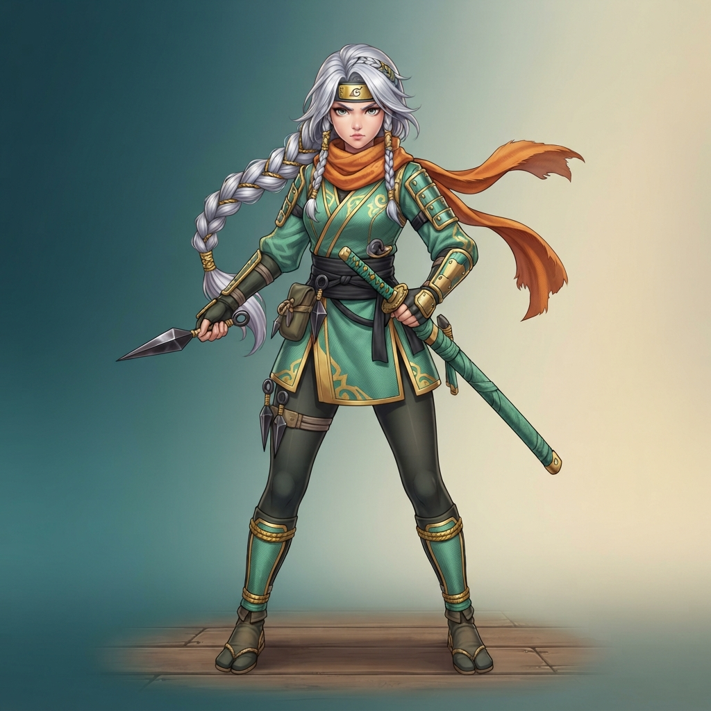 original character design of a young ninja with jade green and gold outfit, long braided silver hair, kunai in hand, orange scarf, full body standing pose, clean soft gradient studio background, vibrant, crisp high detail, digital illustration, no text, no words, no watermark