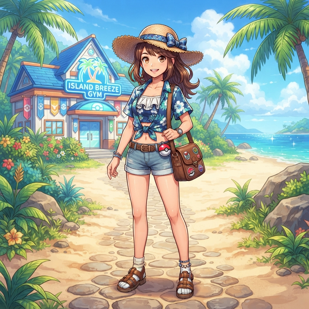 anime girl trainer with a wide sun hat, tropical island outfit with shorts and sandals, satchel bag, a small round ball on her belt, standing alone at a beach path with a bright gym building behind her, no creatures, full body