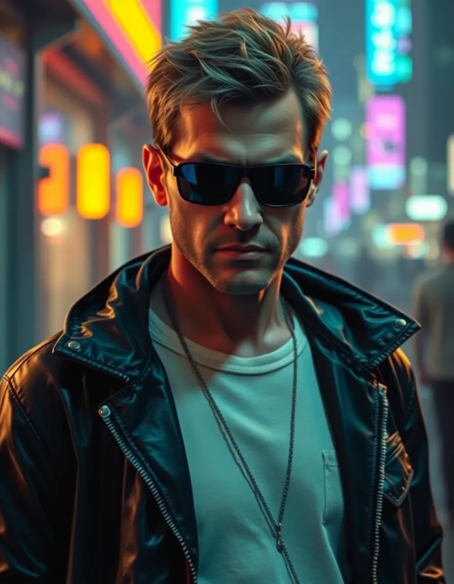 cyberpunk or blade runner style character. it must be similar to rick deckard with same clothing and it must be