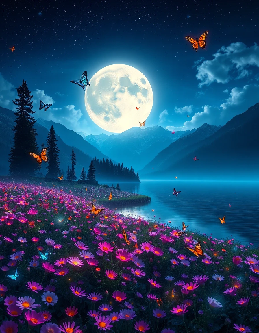 A breathtaking ultra-realistic fantasy night landscape beside a crystal-clear alpine lake under a giant glowing full moon, surrounded by misty dark-blue mountains and dense pine forests. The foreground is filled with thousands of vibrant pink, purple, orange, and white glowing wildflowers illuminated by magical firefly lights. Around 50 colorful butterflies with different wing patterns — blue morpho, monarch orange, neon purple, golden yellow, cyan, pink, and rainbow-toned butterflies — flying naturally across the scene at different depths, creating cinematic motion and depth. The sky is packed with sparkling stars, soft clouds drifting around the mountains, and moonlight reflecting beautifully on the calm lake water. Dreamy atmosphere, volumetric moonlight, glowing particles, ultra-detailed flowers, fantasy aesthetic, photorealistic textures, soft fog, magical ambience, cinematic composition, depth of field, HDR lighting, 8K wallpaper quality, highly detailed, surreal yet realistic, vibrant colors, peaceful enchanted valley vibe.