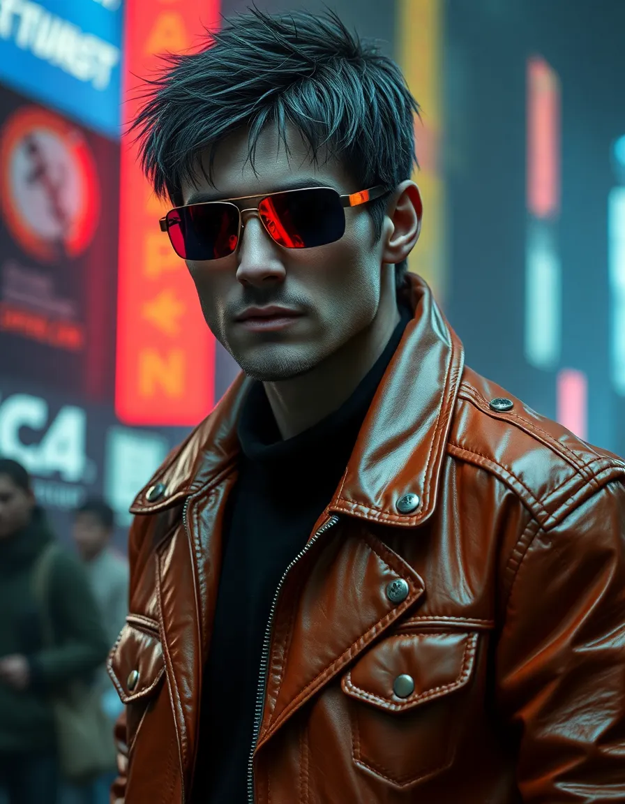 cyberpunk or blade runner style character. it must be similar to rick deckard with same clothing
